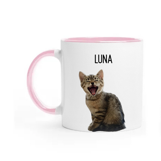 Personalized cat mug featuring a yawning tabby kitten and the customized name 'Luna' above. White mug with a soft pink handle and rim, ideal for cat owners looking for a custom gift with their pet's photo and name."