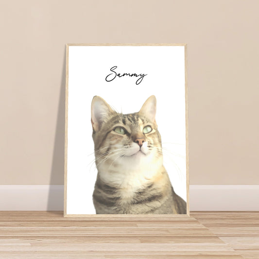 Cozy living room with beige walls, light brown wood, and a customized cat image in a wooden natural frame with a personalized name.