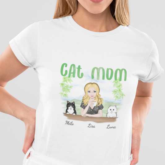 Woman wearing a Personalized Cat T-Shirt with unique cat motif print.