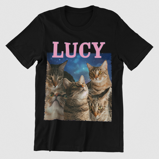 T-shirt displaying six custom cat images, each with its corresponding name labeled above.