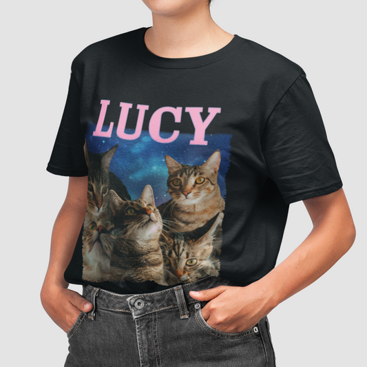 Woman wearing a t-shirt featuring six custom cat images, with its corresponding name labeled above.