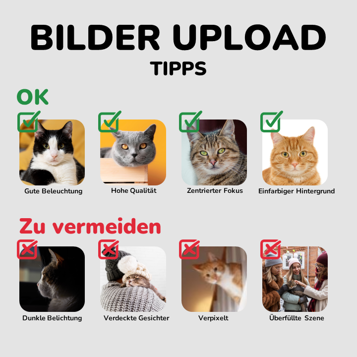 Grafik zu Bilder-Upload: Dos und Don'ts – Verwende hochauflösende Bilder, richtige Formate (JPEG, PNG), und passe die Größe an. Vermeide verpixelte, unscharfe Bilder und zu große Dateien.