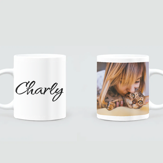 Customizable Cat Photo & Text 11oz / 3.25dl Ceramic Mug - "Purr-fectly Yours", A Unique, Personalizable Beverage Companion for Cat Lovers