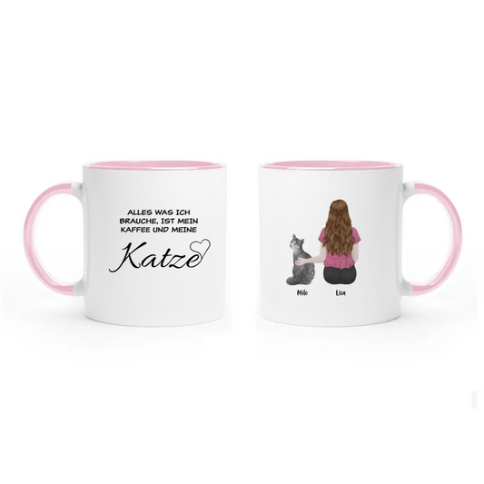 Personalized Cat 3.25dl Ceramic Mug "Alles was ich brauche, ist mein Kaffee und meine Katze", Perfect Personalizable Gift with Color Inside