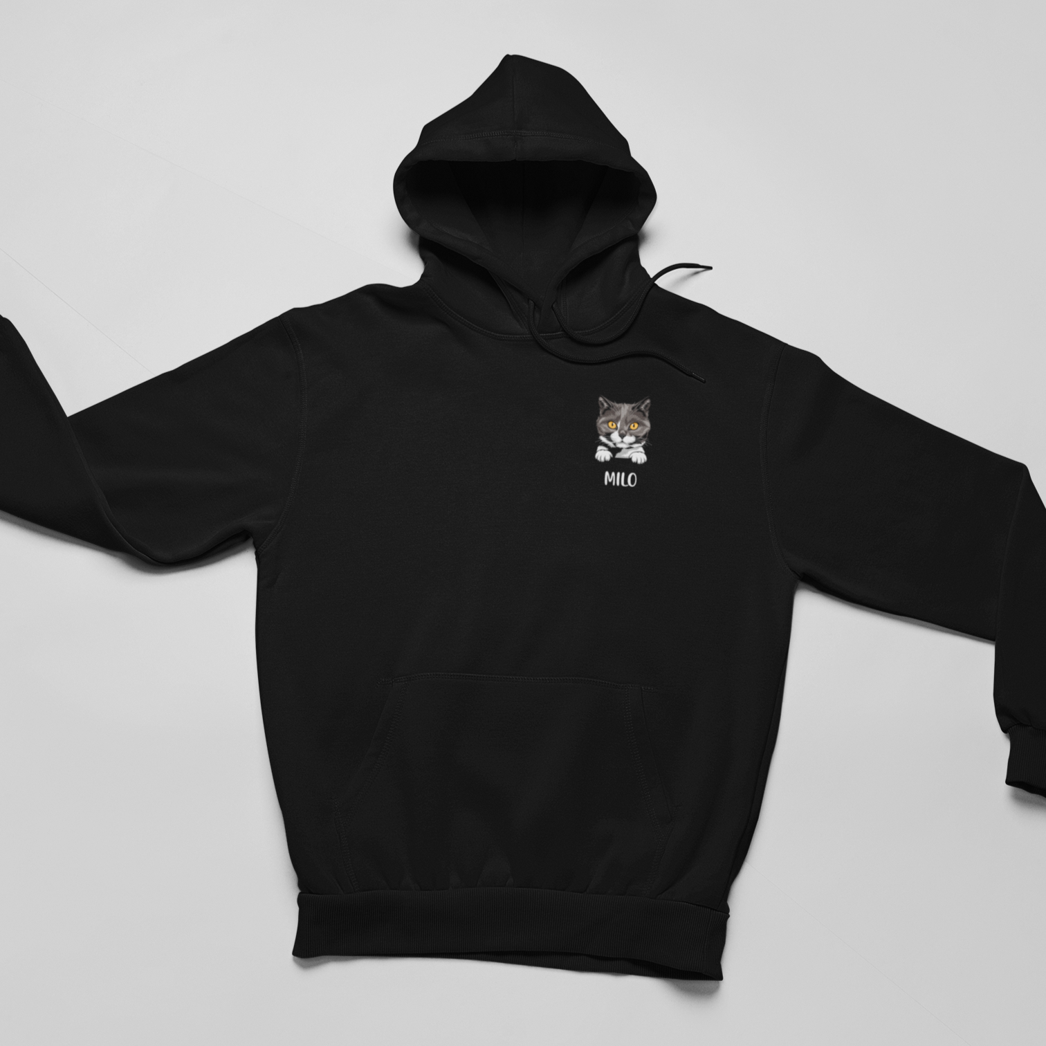 Image of a hoodie featuring a peeking cat head design with a personalized name below.