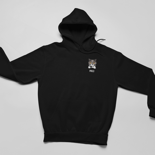 Image of a hoodie featuring a peeking cat head design with a personalized name below.
