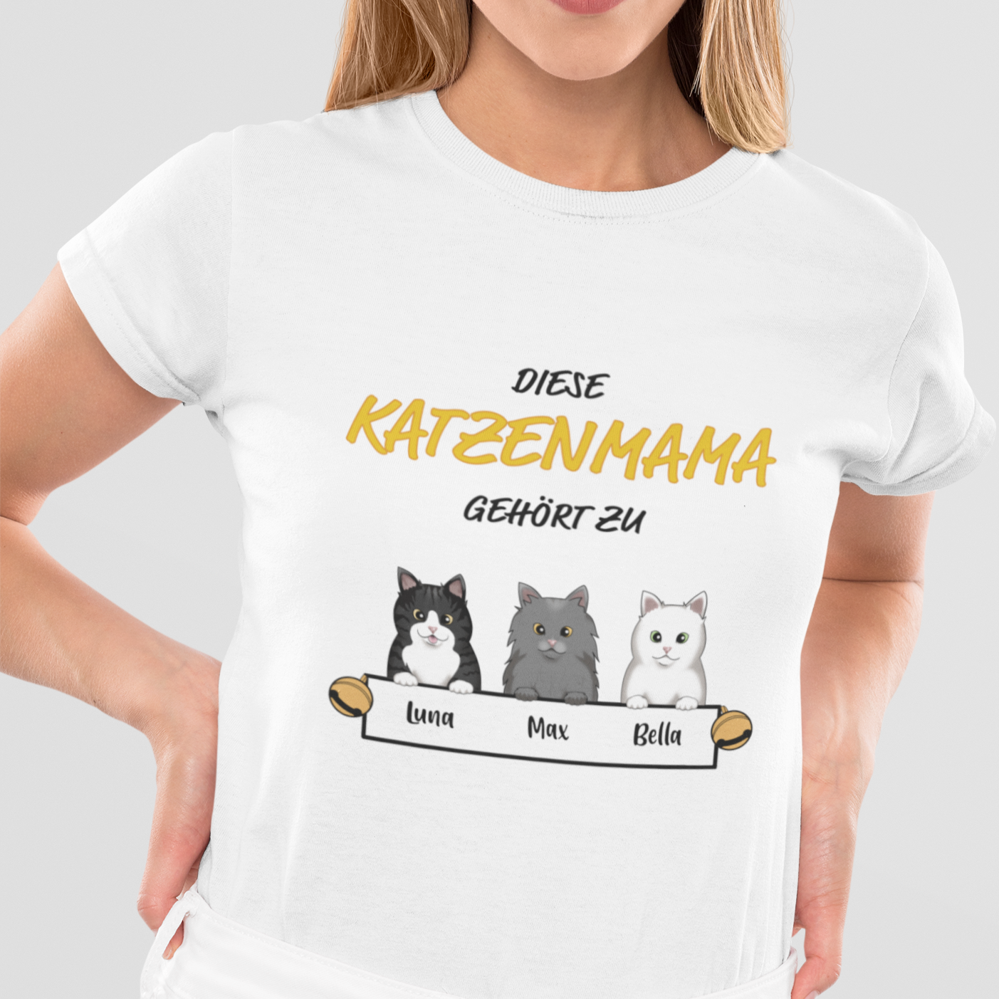 Woman wearing a Personalized Katzenmama T-Shirt with unique cat motif print.
