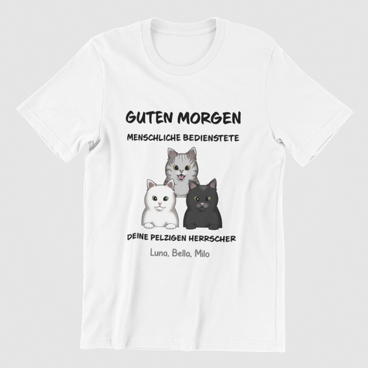 Personalized Menschliche Bedienstete T-Shirt with unique cat motif print on the front.