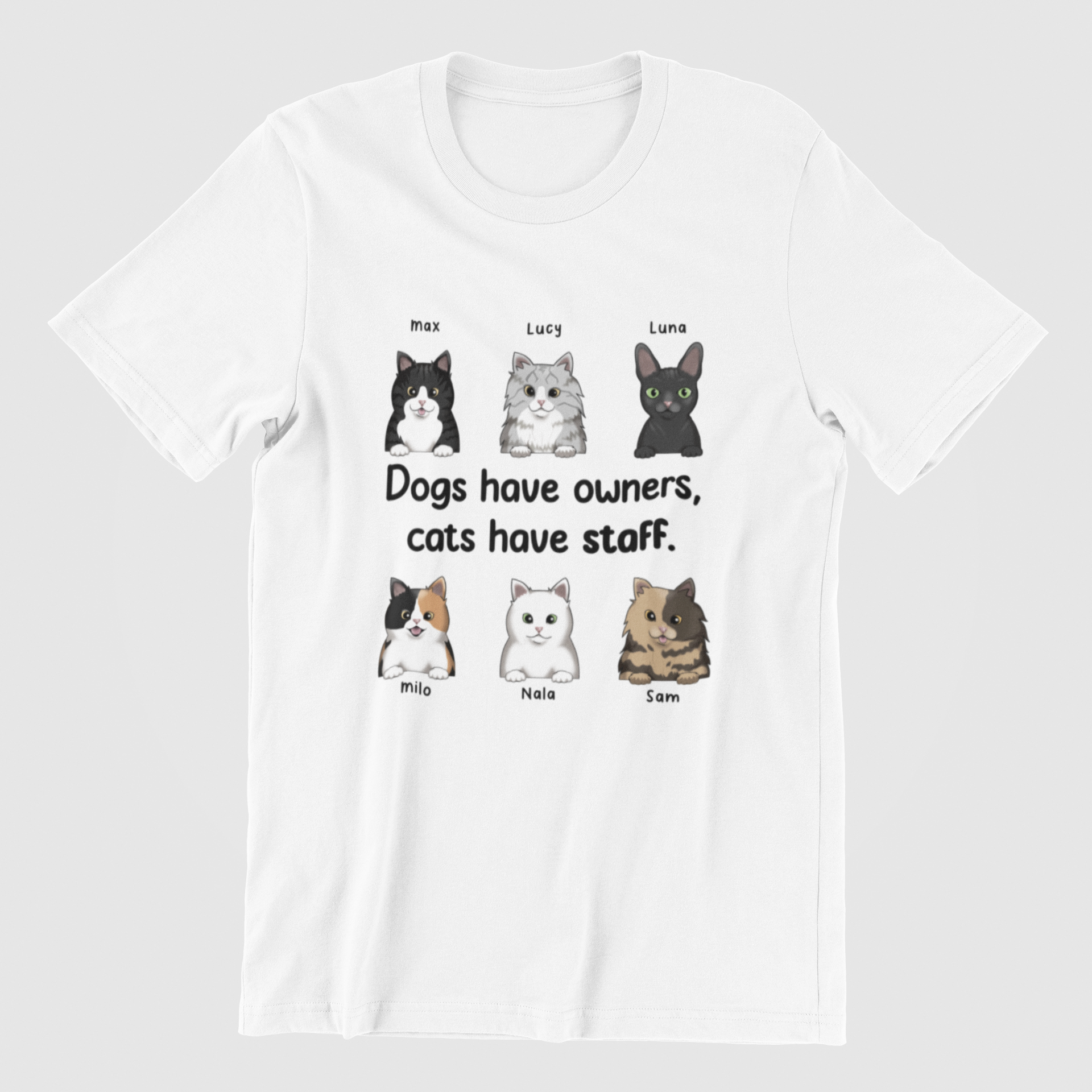 Personalized Cats have staff T-Shirt with unique cat motif print on the front.