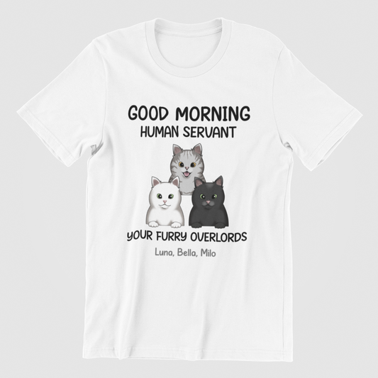 Personalized Human Servant T-Shirt with unique cat motif print on the front.