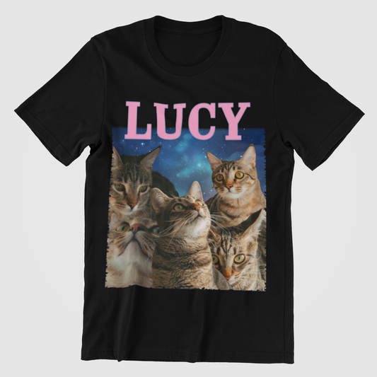 T-shirt displaying six custom cat images, each with its corresponding name labeled above.