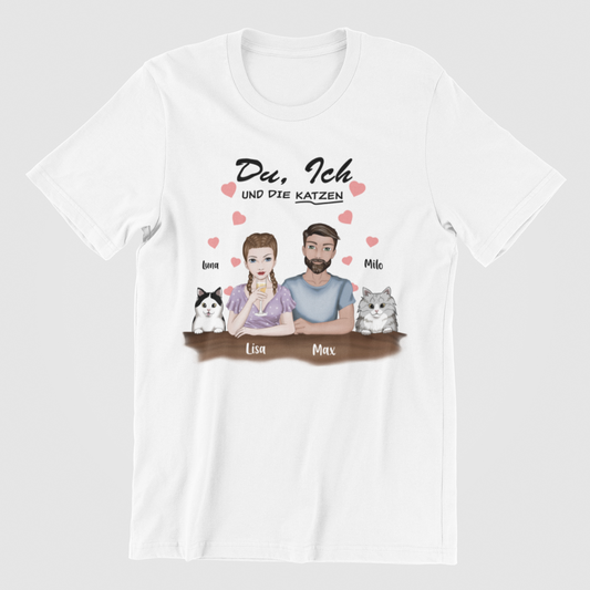 Unisex t-shirt displaying the 'Du, ich und die Katzen' design, featuring a personalized woman character, man character, and two chosen cat images, each labeled with a custom name.
