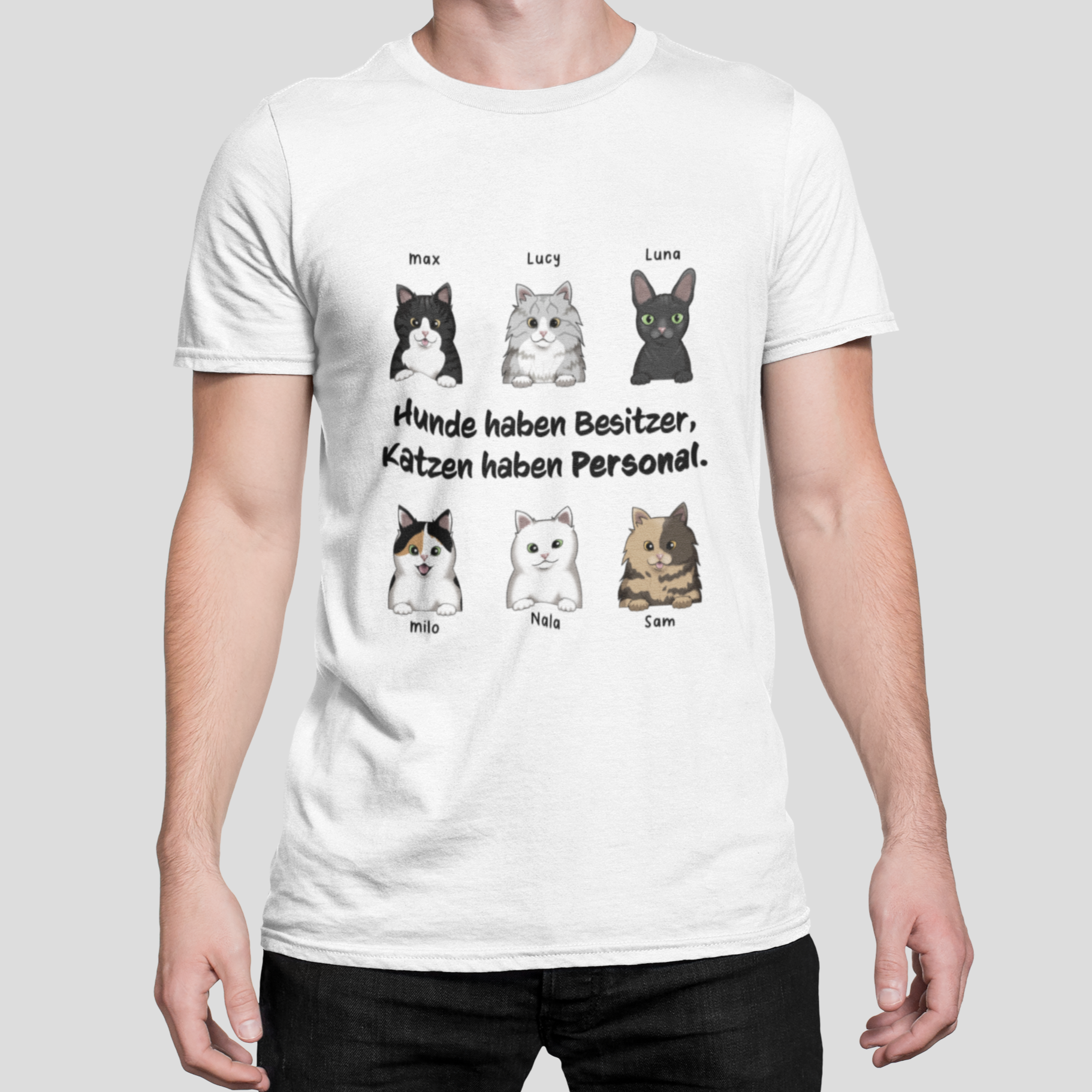 Man wearing a Personalized Katzen haben Personal T-Shirt with unique cat motif print.