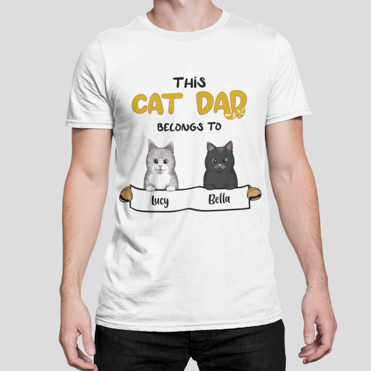Young Man wearing a Personalized Cat Dad T-Shirt with unique cat motif print.