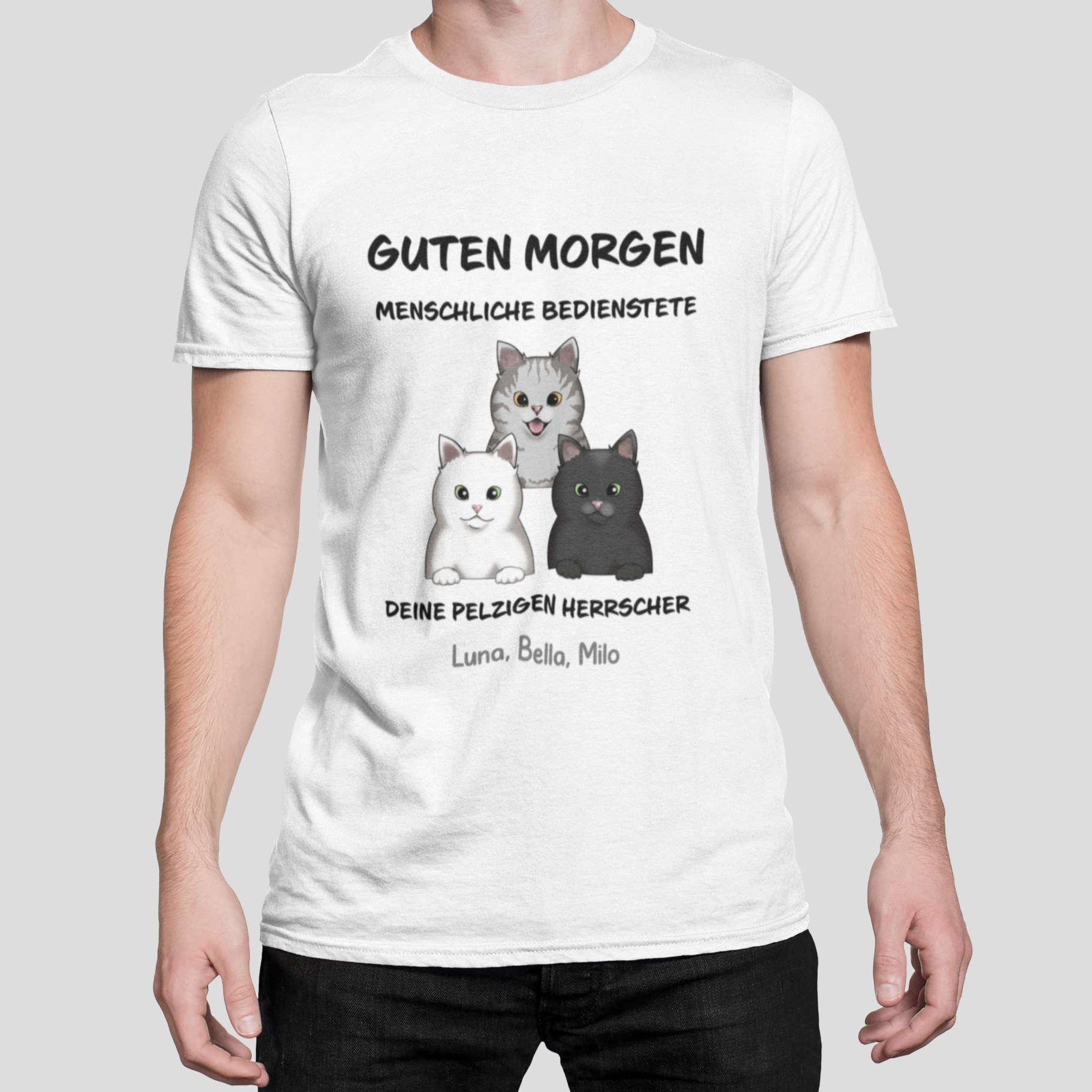 Man wearing a Personalized Menschliche Bedienstete T-Shirt with unique cat motif print.
