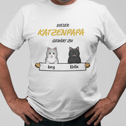 Man wearing a Personalized Katzenpapa T-Shirt with unique cat motif print.