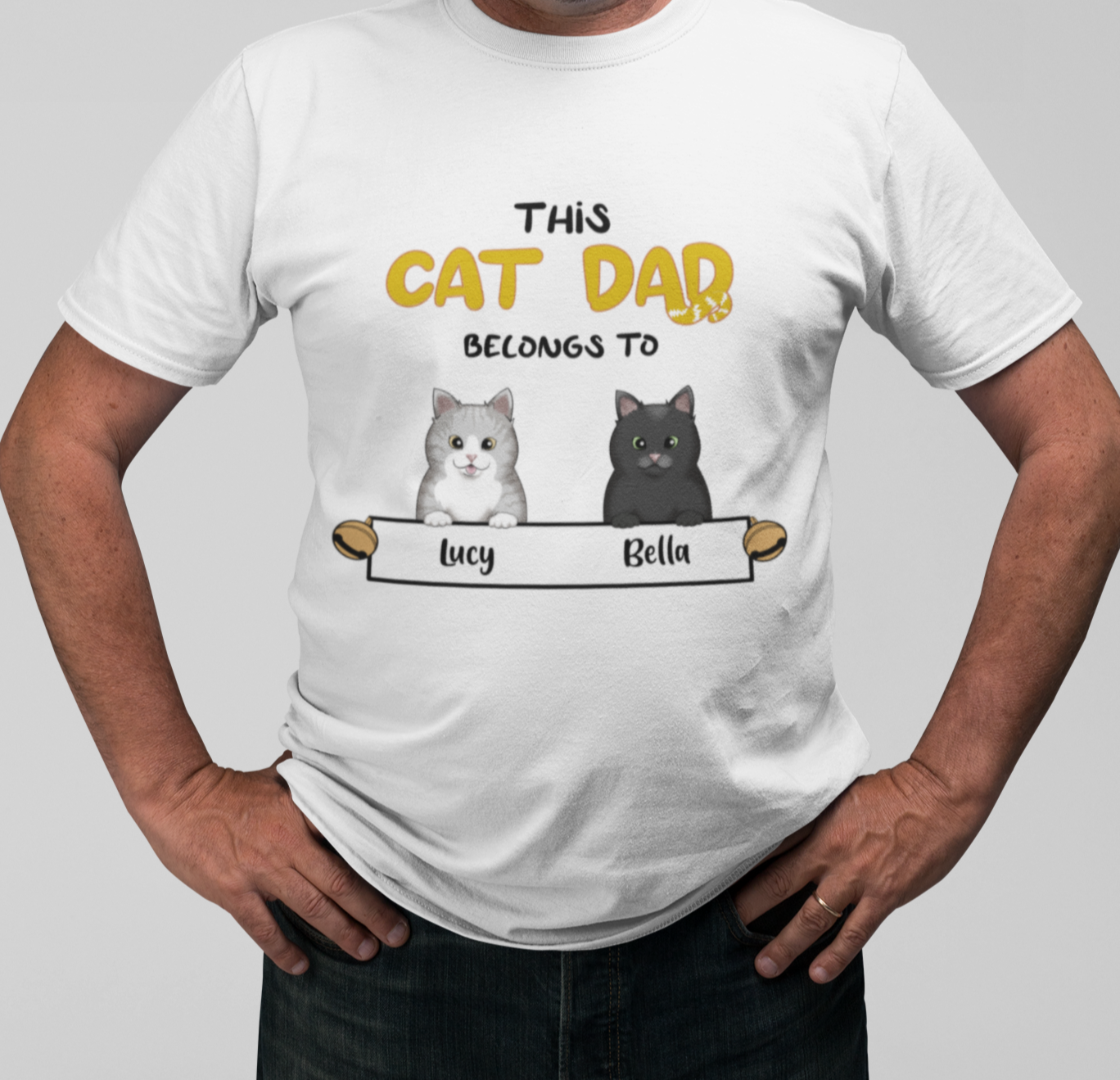 Man wearing a Personalized Cat Dad T-Shirt with unique cat motif print.