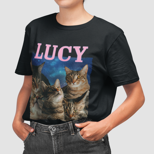 Woman wearing a t-shirt featuring six custom cat images, with its corresponding name labeled above.