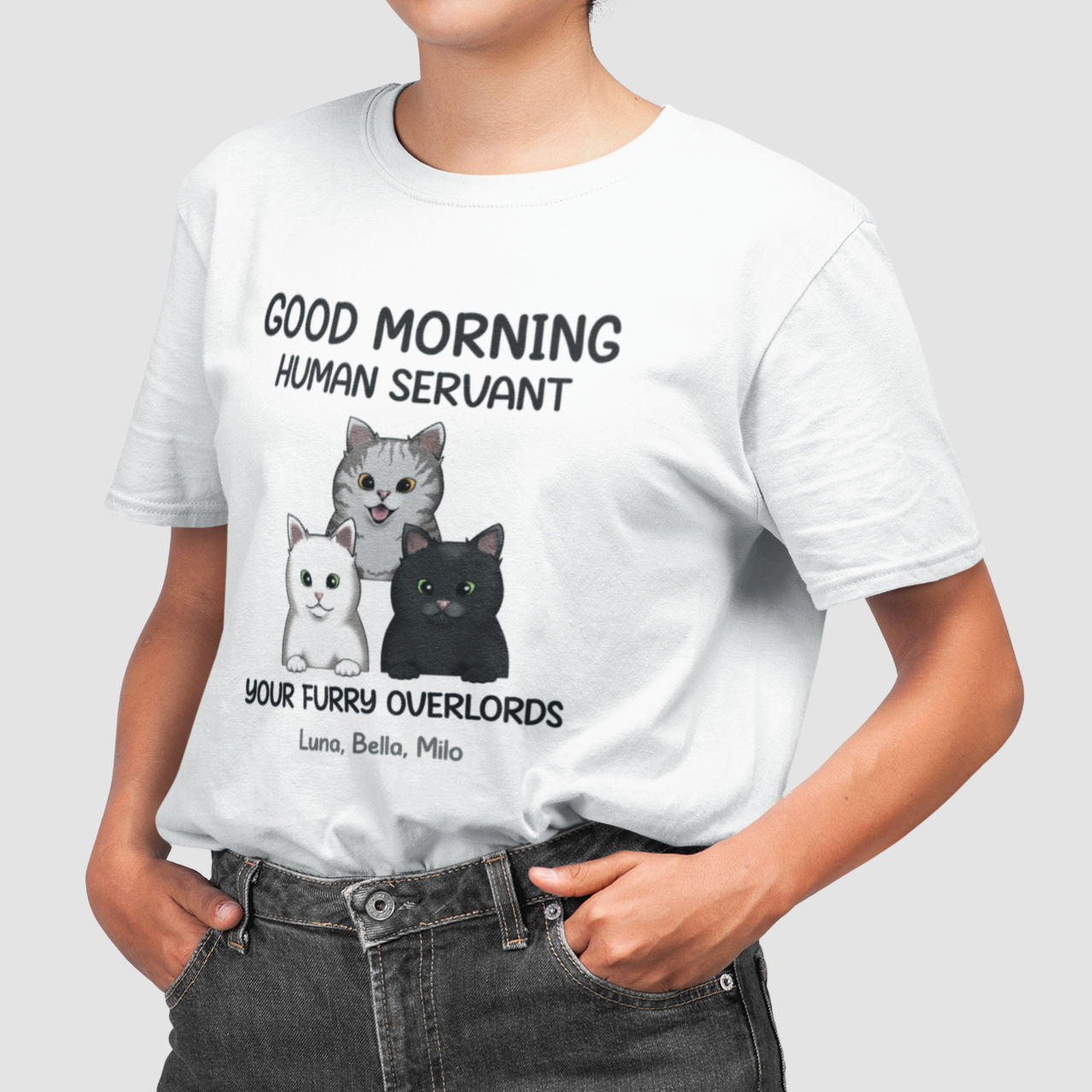Women wearing a Personalized Human Servant T-Shirt with unique cat motif print.