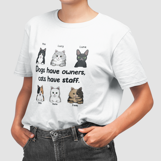 Women wearing a Personalized Cats have staff T-Shirt with unique cat motif print.