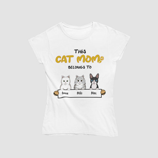 Personalized Cat Mom T-Shirt with unique cat motif print on the front.